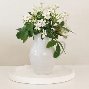 spring refresh white jug of garden flowers on a white ceramic tray