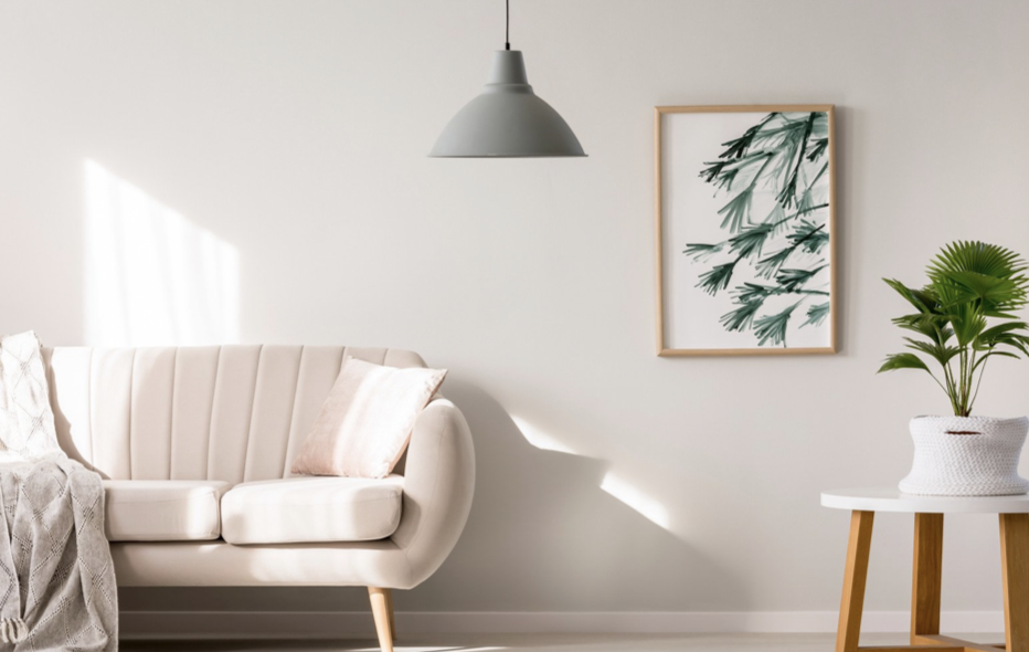 A dream might come true when you have your own home and a calm sitting room, blush pink sofa coffee table with a plant and soft throw