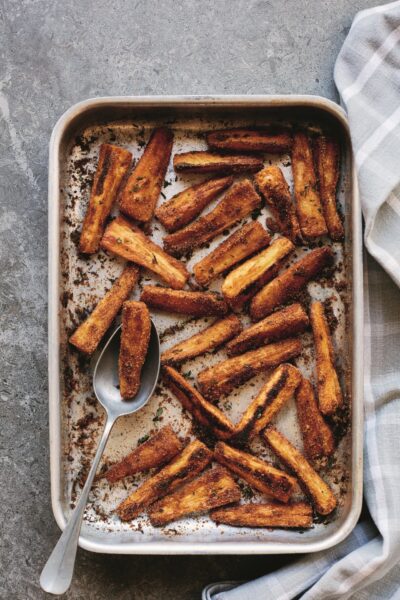 Roast parsnips prepared in advance for a stress free Christmas food prep 