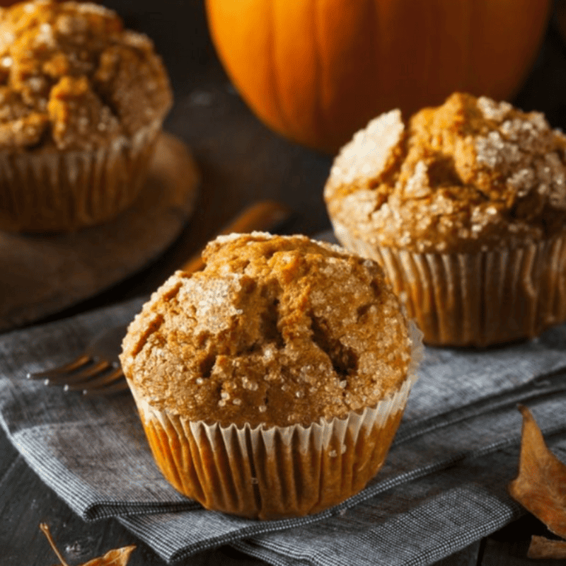 Pumpkin season recipes ; two muffins freshly cooked on a grey napkin in the foreground, a large pumpkin in the background.